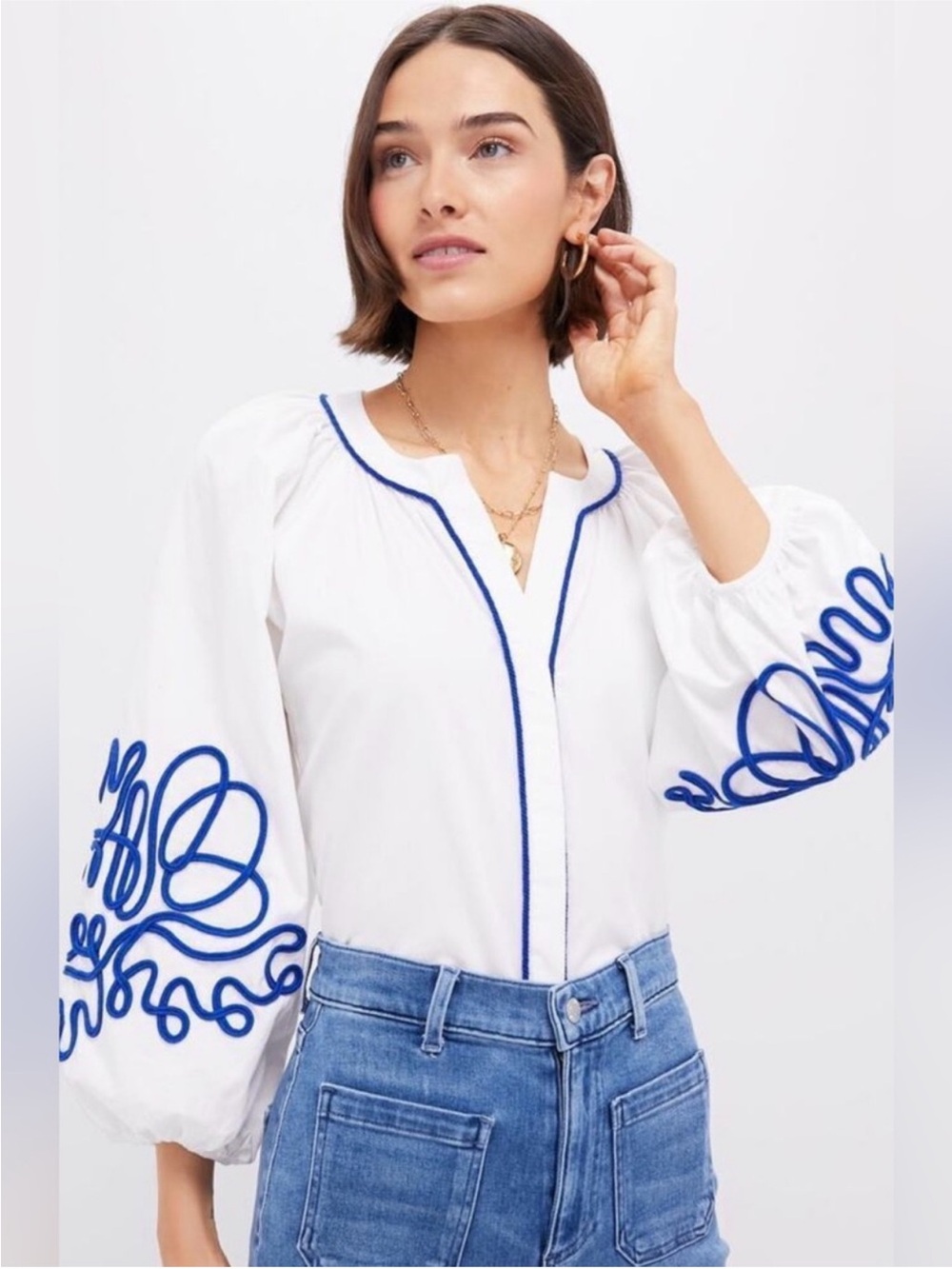 Hyacinth House White Peasant Blouse with Royal Blue Trim